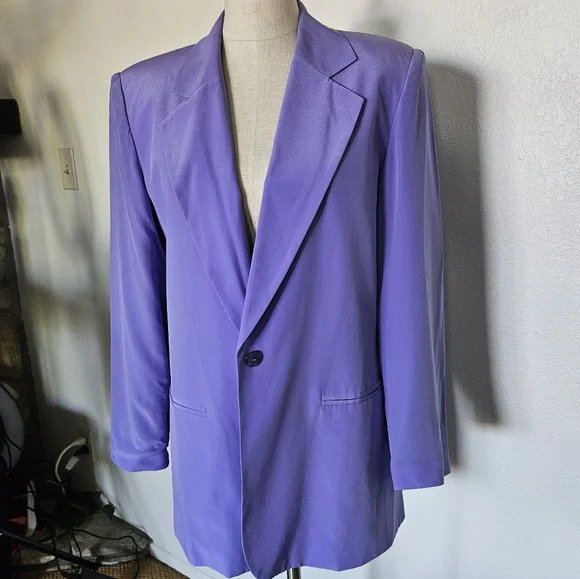 DIANE GILMAN PURPLE 100% SILK ONE BUTTON BLAZER FLORAL LINED - Picture 8 of 9
